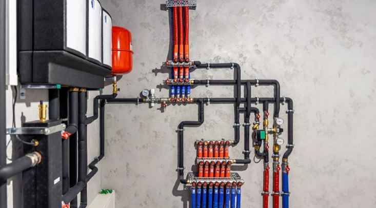 Hydronic heating system manifold with organized piping and valves, used in commercial building heating distribution.