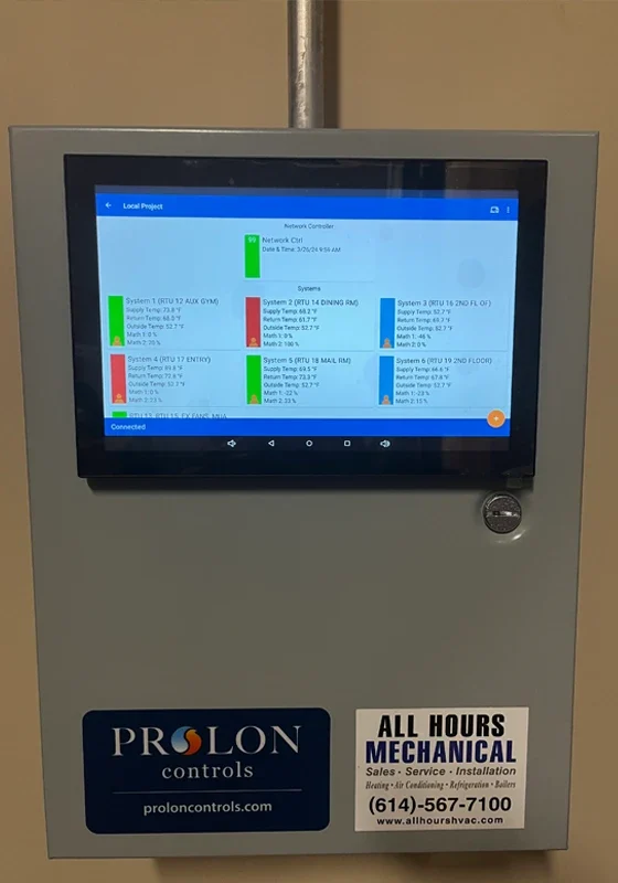 All Hours Mechanical Prolon HVAC controls panel display in Columbus, Ohio